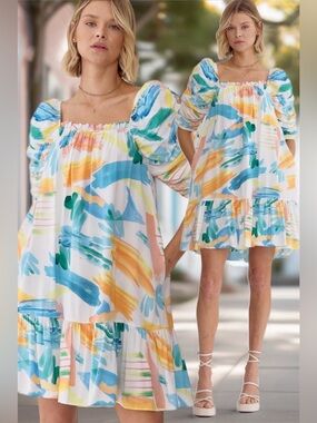 Entro | Ships Go Sailing Trapeze Swing Dress Coastal Chic New Artsy Puff Sleeve